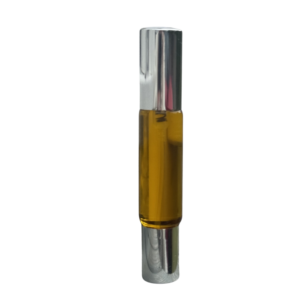 Spray og Roll-onflaske på 10 ml med et gult innhold av den eteriske oljeblandingen Earth Star. Flasken har sølvkork i hver ende.
